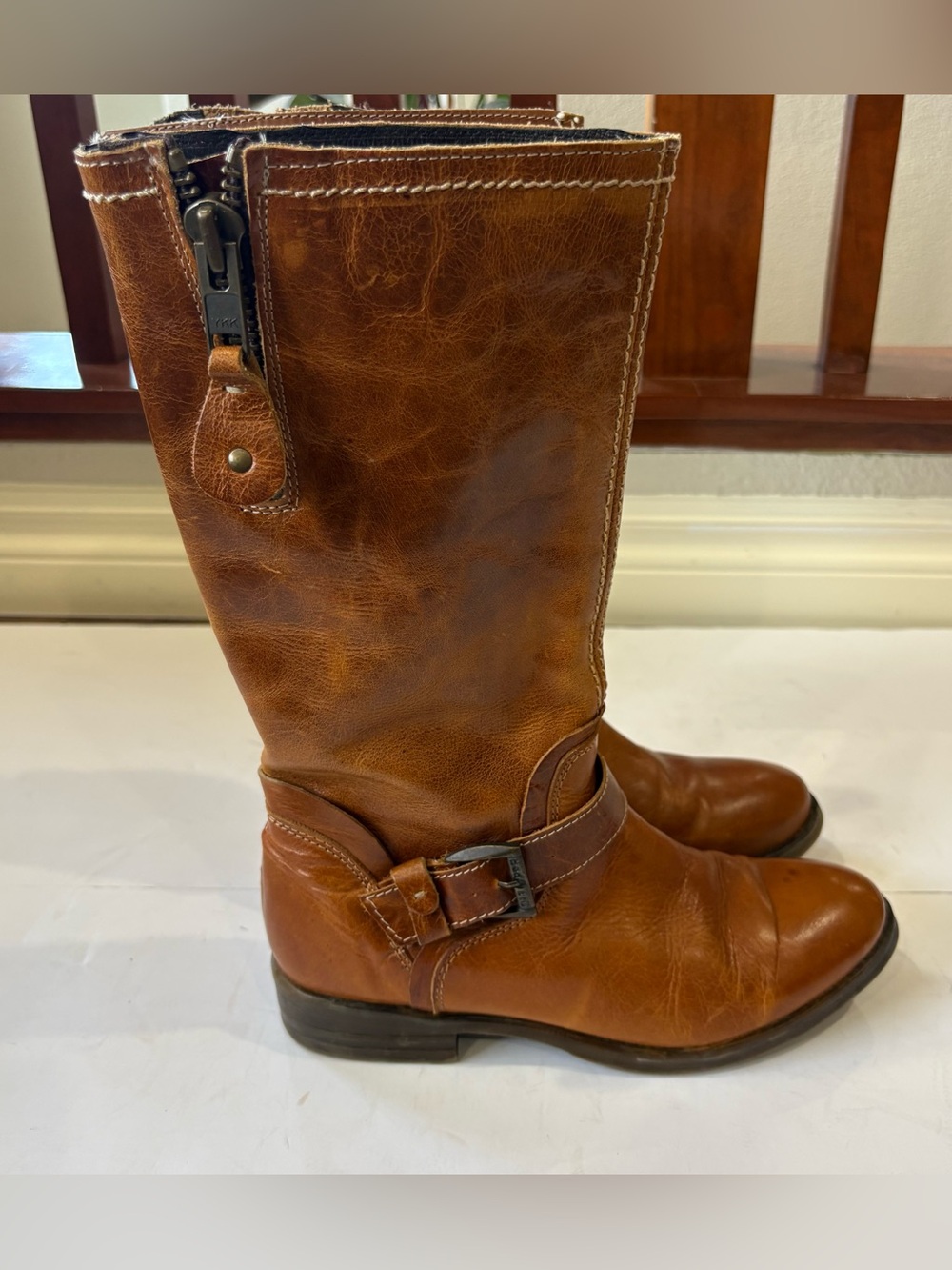 Bed Stu Womens 8.5 Brown Leather Moto Engineer Boots Buckle Zip Distressed